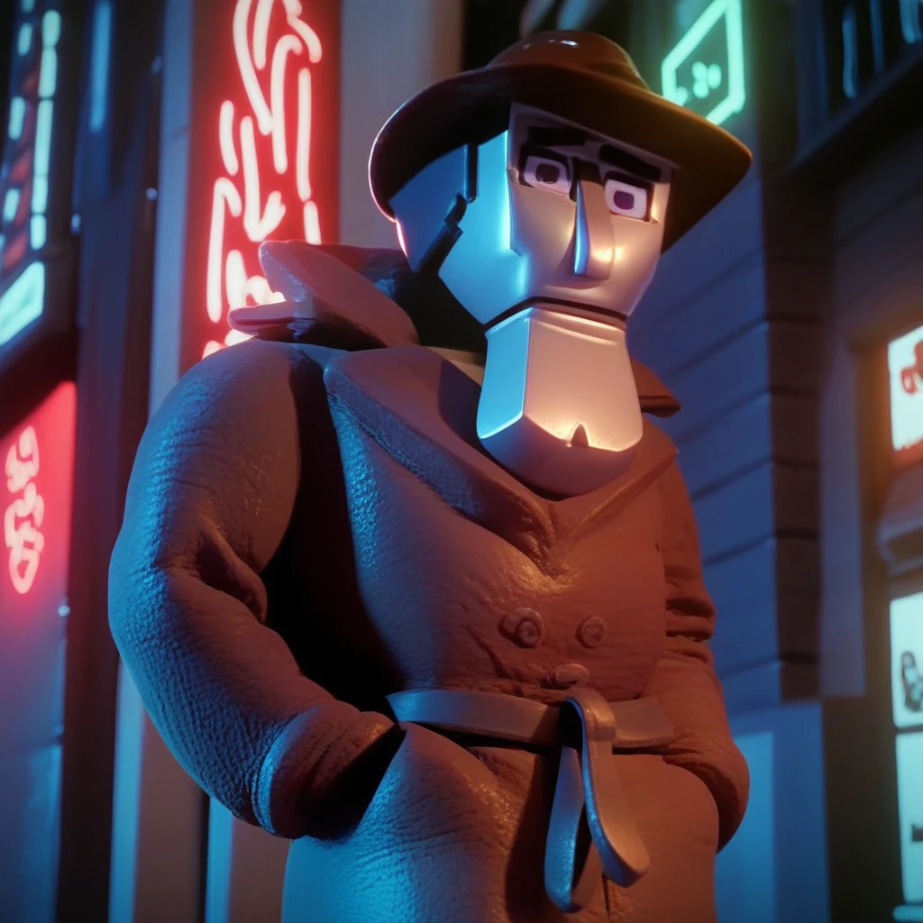 score_9_up, score_8_up, score_7_up, score_6_up, dick_spanner, 1boy, solo, robot, brown fedora, brown trench coat, belt, hands in pockets, on a city street, night, neon signs, (painted art)