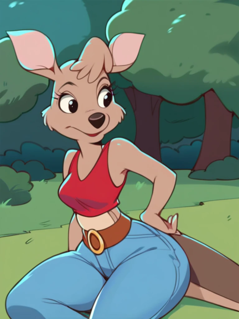 score_9, score_8_up, score_7_up, score_6_up, score_5_up, score_4_up, source_furry, Matilda_Roo, 1girl, solo, red crop top, midriff, jeans, park, tree, detailed eyes, detailed face, <lora:matilda_roo-v1:1>