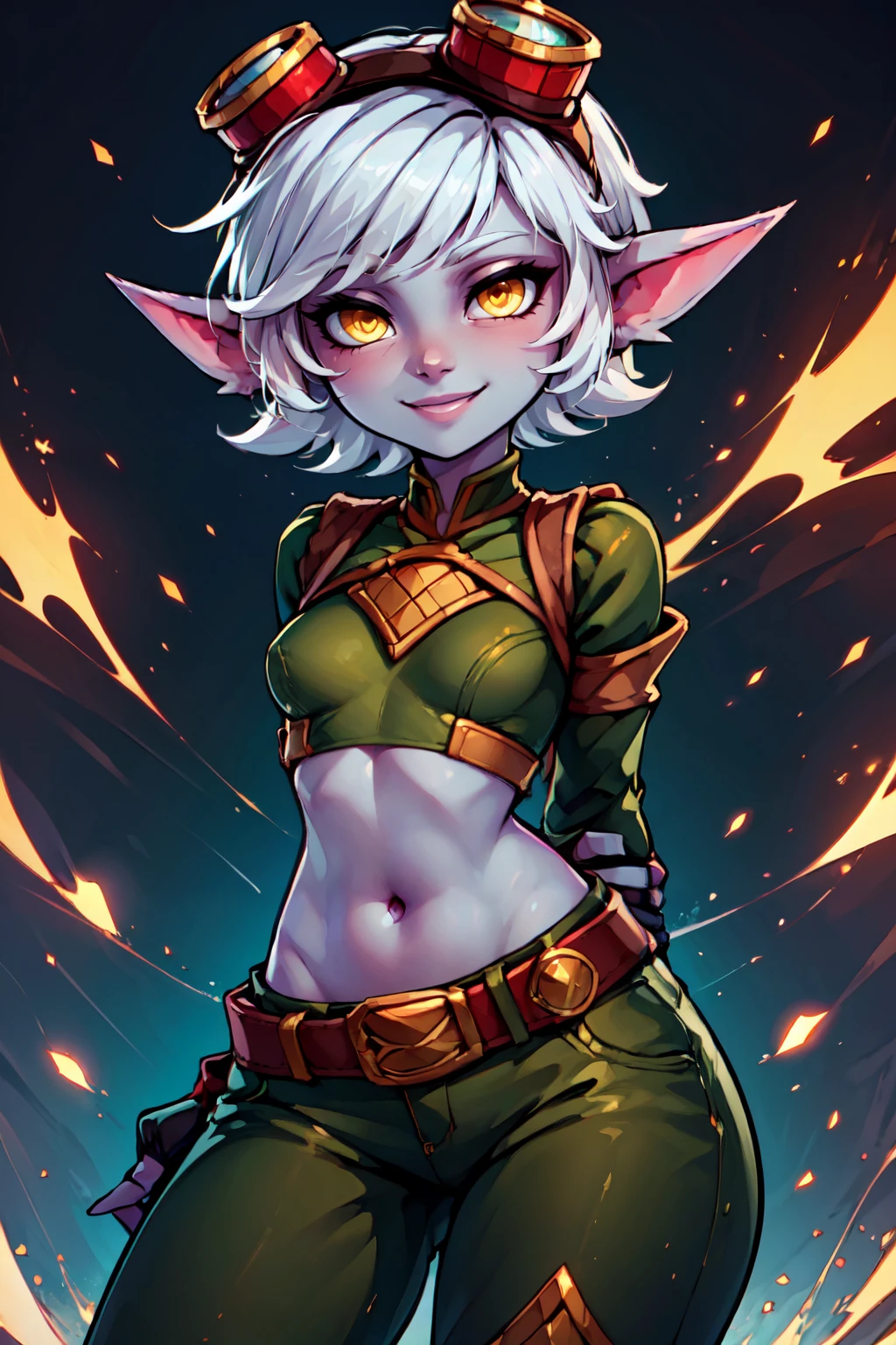 ((masterpiece,best quality)), absurdres,  BREAK, , <lora:Tristana_Leagueoflegends:0.7>,  zzTristana, yordle, yellow eyes, pointy ears, white short hair, goggles on head, purple skin, medium breasts, green crop top, navel exposed, arm sleeves, fingerless gloves, green pants, belt, grenade belt, confident stance, dynamic pose, vibrant cityscape in the background, playful expression, glowing lights, whimsical atmosphere, (hands behind back),, BREAK, hip to the side, hand on hip, contrapposto,, BREAK, solo, smile, looking at viewer, cowboy shot,