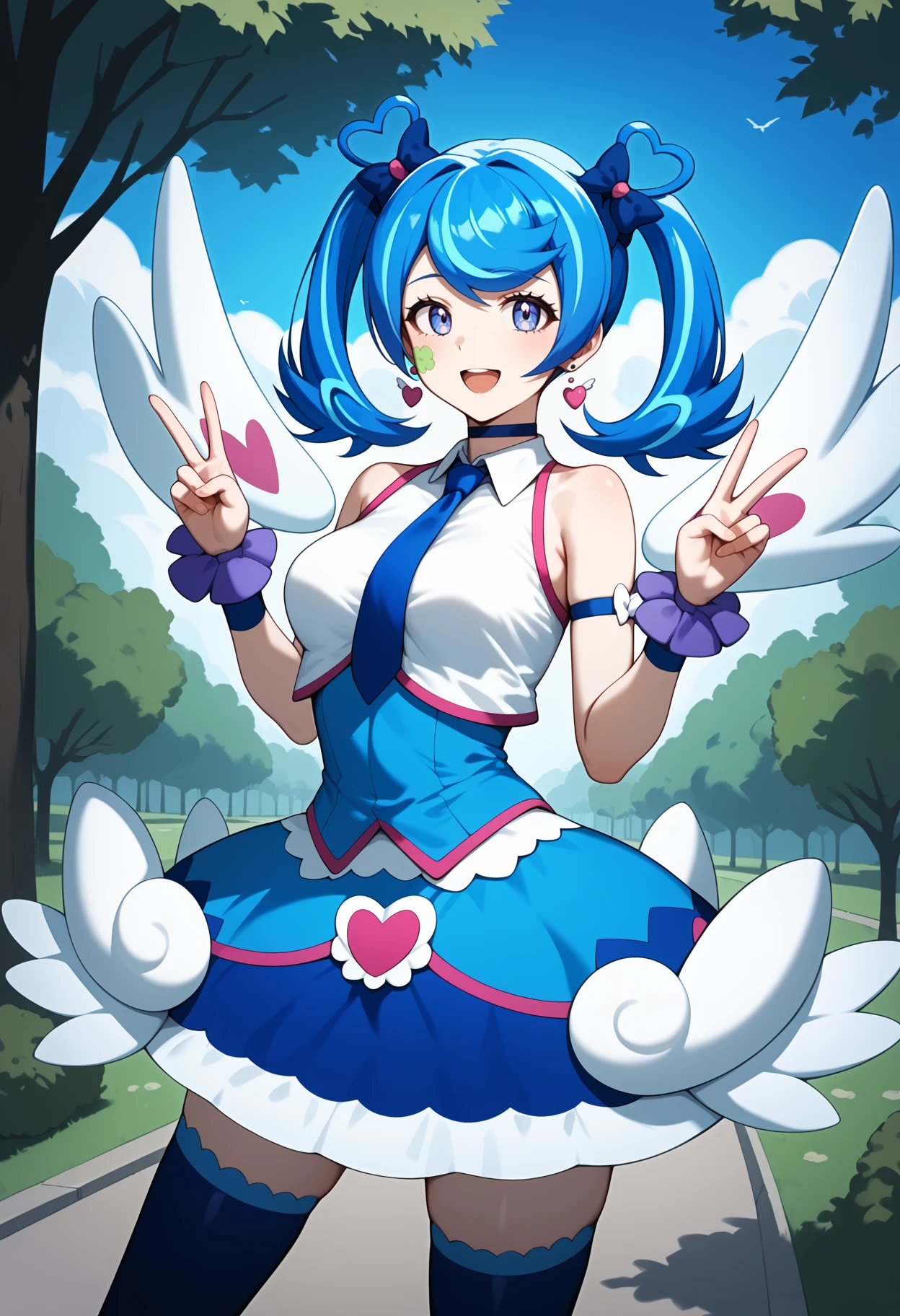 score_9, score_8_up, score_7_up, score_6_up, score_5_up, score_4_up, source_anime, bbangel, blue hair, streaked hair, twintails, hair bow, earrings, facial mark, wings, breasts, choker, bare shoulders, blue necktie, collared shirt, white shirt, dress, sleeveless, arm strap, wrist cuffs, blue skirt, blue thighhighs, <lora:zaizen_aoi_ponyxl_v1:0.9>, standing, cowboy shot, park, peace sign, double peace, smile, open mouth,