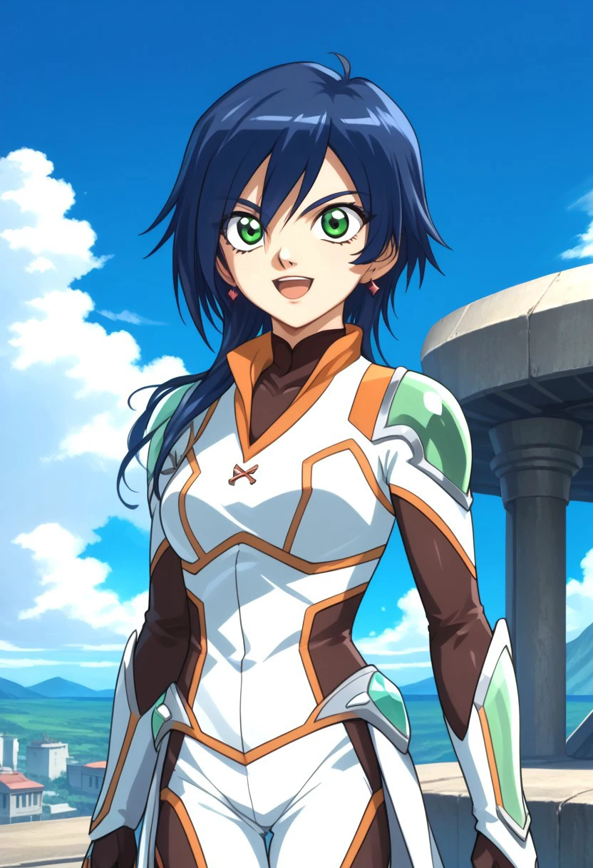 score 9, score 8 up, score 7 up,bakugan, bakugan gundalian invaders, fabia sheen, 1girl, solo, blue hair, day, green eyes, sky, jewelry, armor, cloud, bodysuit, open mouth, earrings, smile, outdoors, blue sky, :d, upper body