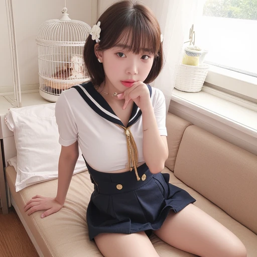 (Browsing Caution:1.3), ((masterpiece)), ((Highest quality)), (Very detailedな), ((cute)), cute, (Multi-point), ((sexy)), (device), ((Very detailed)), 4K, (8k), Highest quality, (beautiful),Genuine, Dynamic Angle, Clear contours, at school, (1 girl, cute girl:1.5), (High school girl sailor suit:1.5), ((beautiful eyes)), (Sit with your legs apart, look forward to, mini skirt,Bare legs:1.5), Big Breasts, shoes, smile,(Horie Yui:1.6),(Diamond Necklace,bracelet,Earrings:1.2)