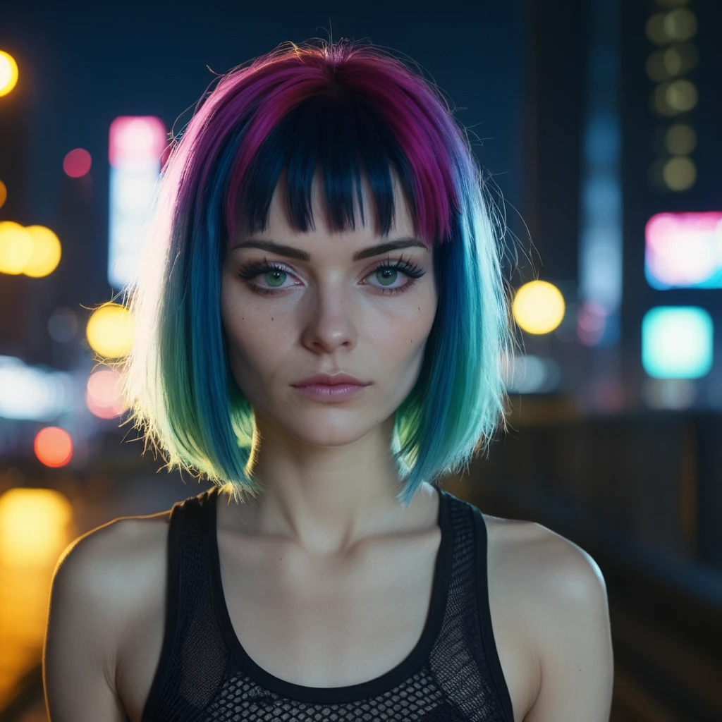 (masterpiece, best quality, highly detailed, realistic, cinematic light, night time), source_western, 2.5d, screencap, portrait of gigmod as a cyberpunk girl, multicolored hair, short bob hair, looking at the viewer, tight mesh tank top, close up, (((night city background))) 
 <lora:Giger_Model_SDXL:.7>