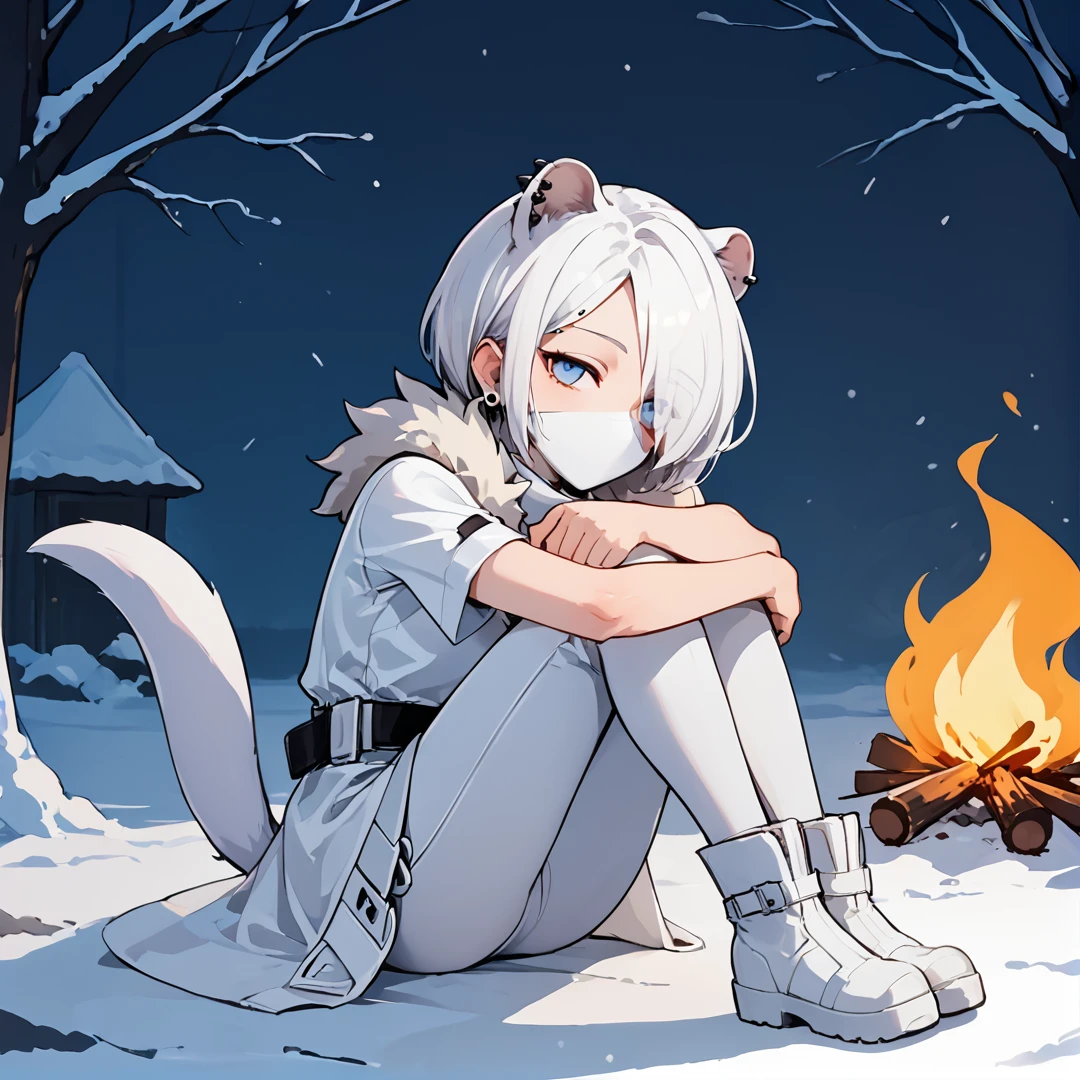 anime artwork Masterpiece, high quality, score_9, score_8_up, score_7_up, 1girl, campfire, winter, from side, on floor, hugging own legs, half-closed eyes, head tilt, akshirayuki, weasel ears, white tail, blue eyes, white hair, hair over one eye, ear piercing, shirayuskin, fur trim, official alternate costume, white hair, white mask, no mouth, white boots, white clothes, white pants, white overskirt, belt accessory, undershirt, short sleeves <lora:Shirayuki v5-000011:0.75> . anime style, key visual, vibrant, studio anime,  highly detailed