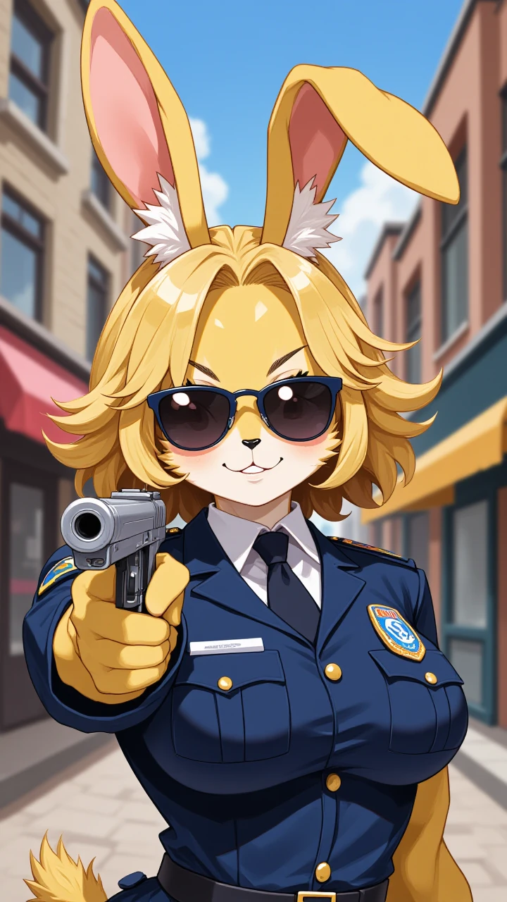 flat 2d anime illustration, blonde rabbit girl dressed as a police officer holding a gun aimed at the viewer, wearing sunglasses, city street background