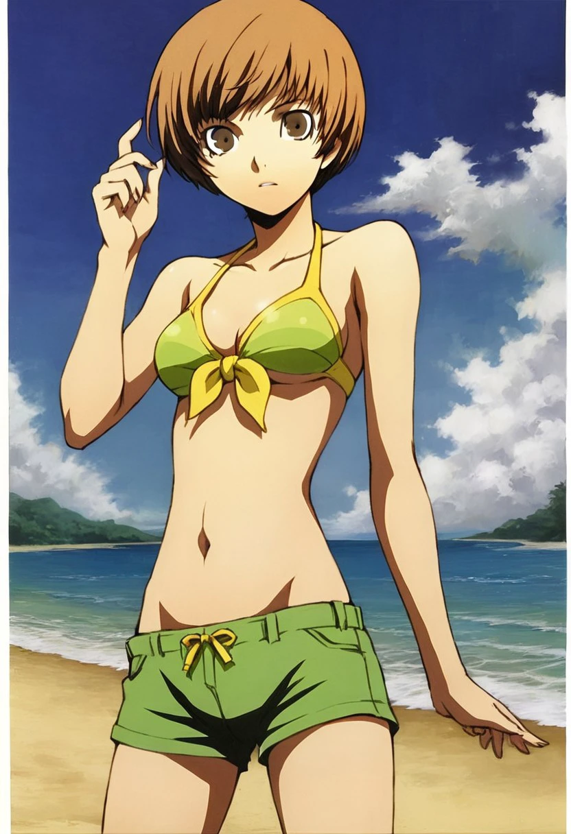 Satonaka Chie, 1girl, solo, short hair, brown hair, navel, brown eyes, swimsuit, bikini, shorts, midriff, beach