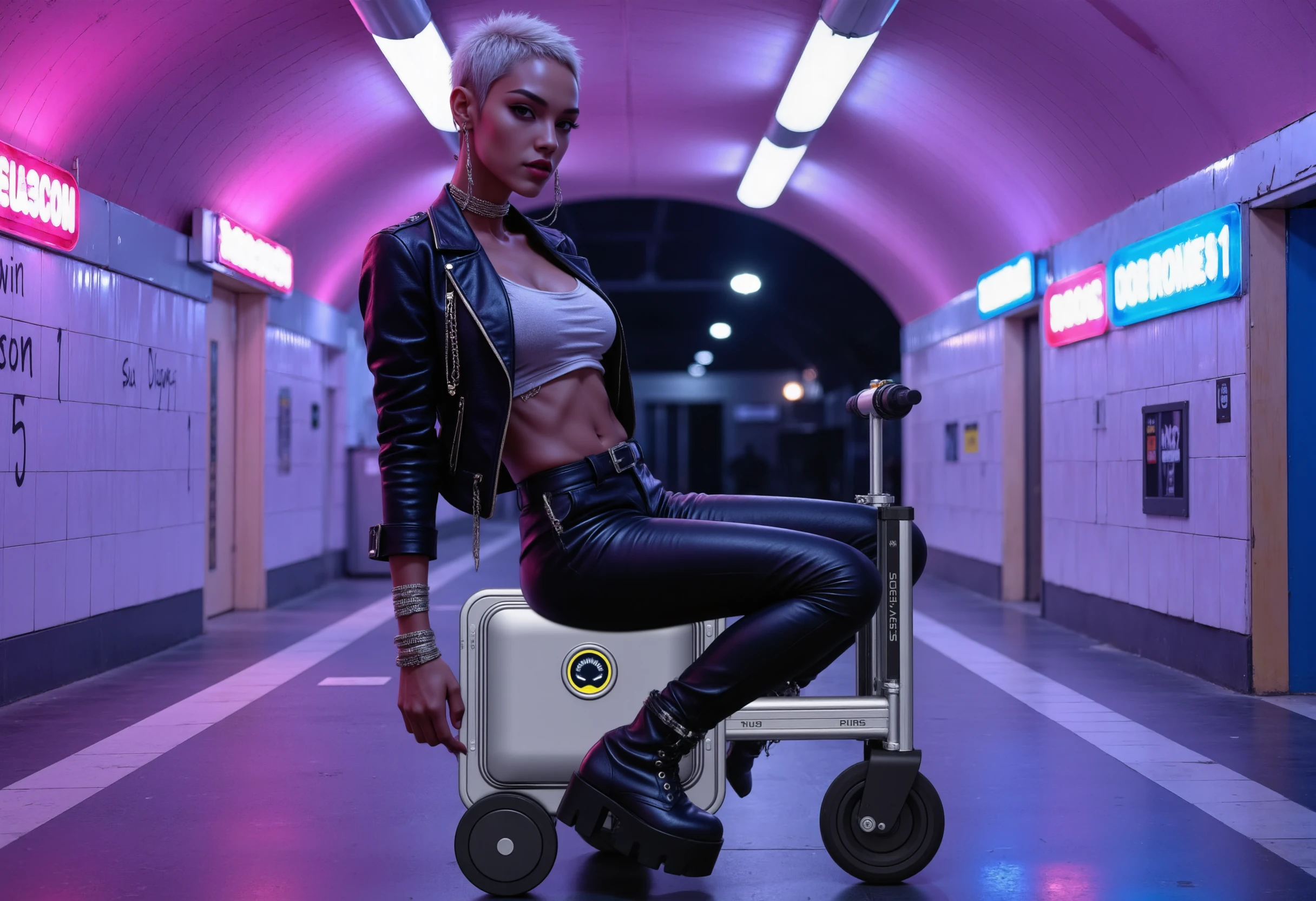 Airwheel, A highly detailed, photorealistic image of an African model with buzzed platinum blonde hair is seated on a silver suitcase that has a handle, functioning as a scooter.,side view,driving, scooter, confidently in a futuristic subway station bathed in neon lights. The background features gritty, urban elements: graffiti-covered tiled walls illuminated by vibrant purple and blue neon signs pointing to 'Downtown & Brooklyn.' The corridor stretches into a dark tunnel, its stark tiles reflecting the soft neon glow that paints the space with an electric ambiance.

The model is dressed in edgy, high-fashion raver attire: a cropped, black leather jacket with silver chains dangling from the shoulders, layered over a holographic mesh top that shimmers under the neon light. She wears black high-waisted vinyl pants with reflective panels and multiple belts, giving her a bold, streetwear-meets-rave vibe. Her knee-high platform boots feature metallic accents, catching the light as she poses confidently.

She accessorizes with layered chokers, neon bracelets that pulse softly, adorned with metal studs. Her makeup rebellious touch to her overall look. The scene has a vibrant, underground energy, where fashion and futurism collide in the heart of a neon-lit, graffiti-clad urban playground. The model stands out as the focal point, exuding power and attitude against the surreal, urban backdrop."

