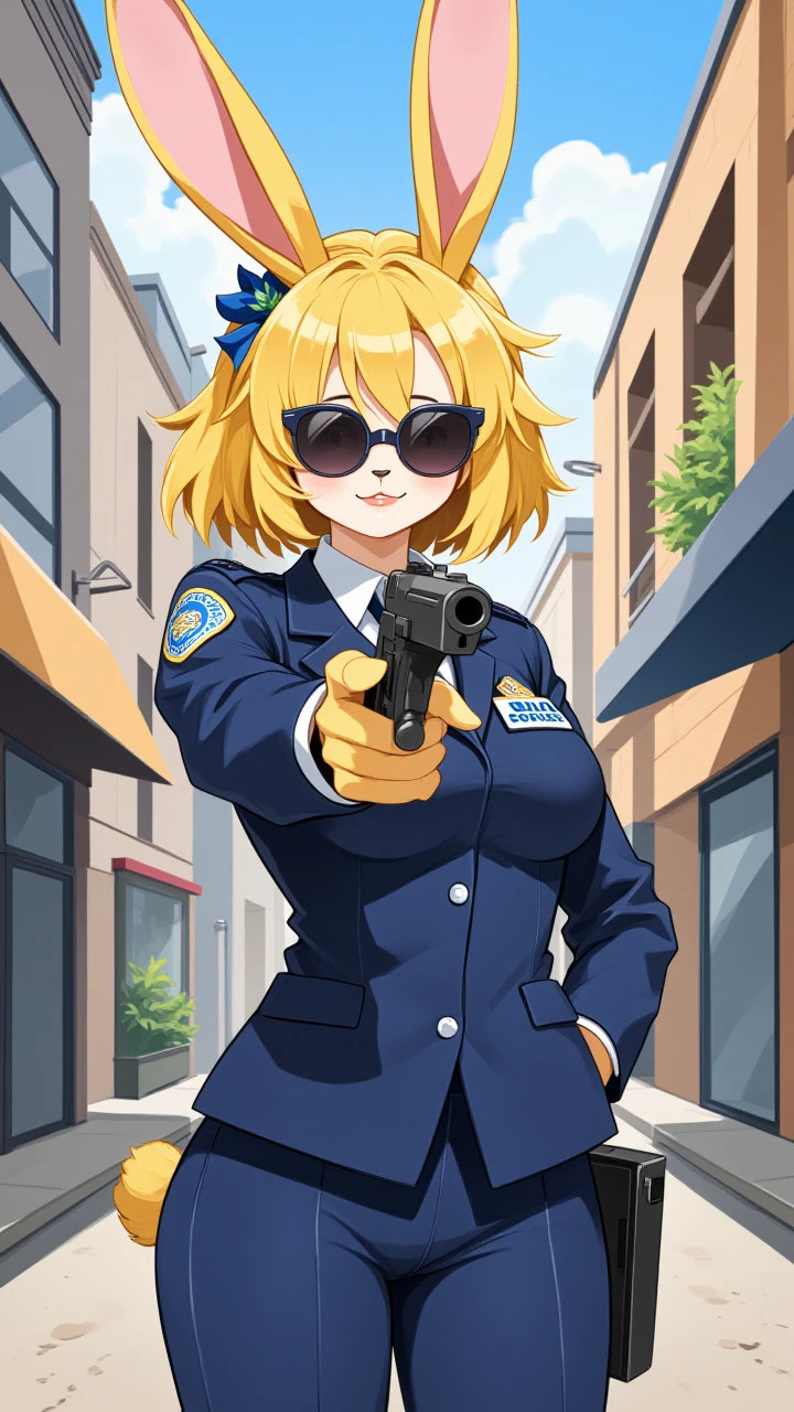 flat 2d anime illustration, blonde rabbit girl dressed as a police officer holding a gun aimed at the viewer, wearing sunglasses, city street background