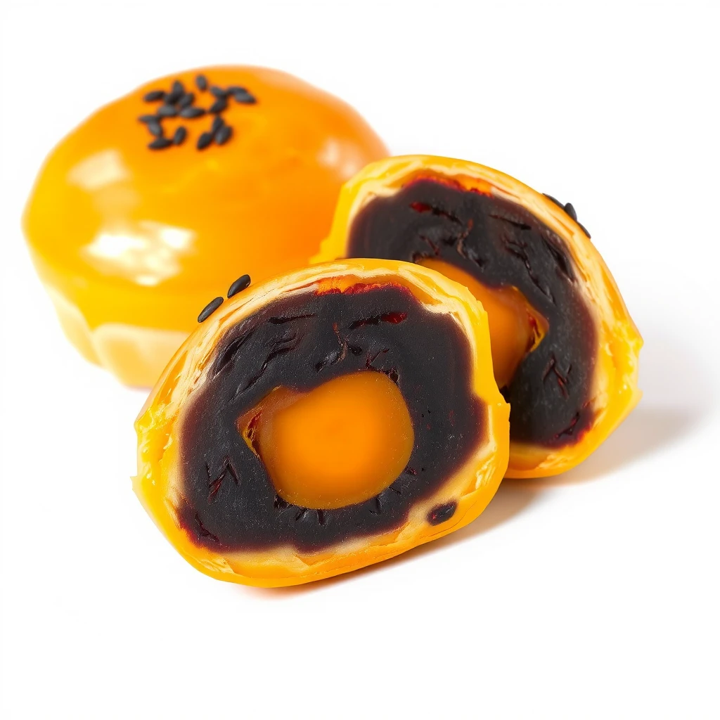 Close-up of two Taiwanese pastries on a white background. On the left, a whole egg yolk pastry (dan huang su) with a smooth, glossy golden-brown surface. It's perfectly round and topped with a small cluster of black sesame seeds. On the right, a cross-section of the same pastry revealing its interior.
The cross-section shows distinct layers: a thin, flaky golden crust, a thick layer of dark brown bean paste filling, and at the center, a vibrant orange-yellow salted egg yolk. The yolk appears whole and slightly glistening, contrasting beautifully with the dark surrounding paste.
The pastries are photographed in high detail, showing the texture of the crust and the slight variations in color. The lighting is bright and even, emphasizing the pastries' colors and textures against the clean white background.
This image captures the essence of the dan huang su: its appealing exterior, the surprise of its layered interior, and the contrast between the sweet paste and savory yolk.