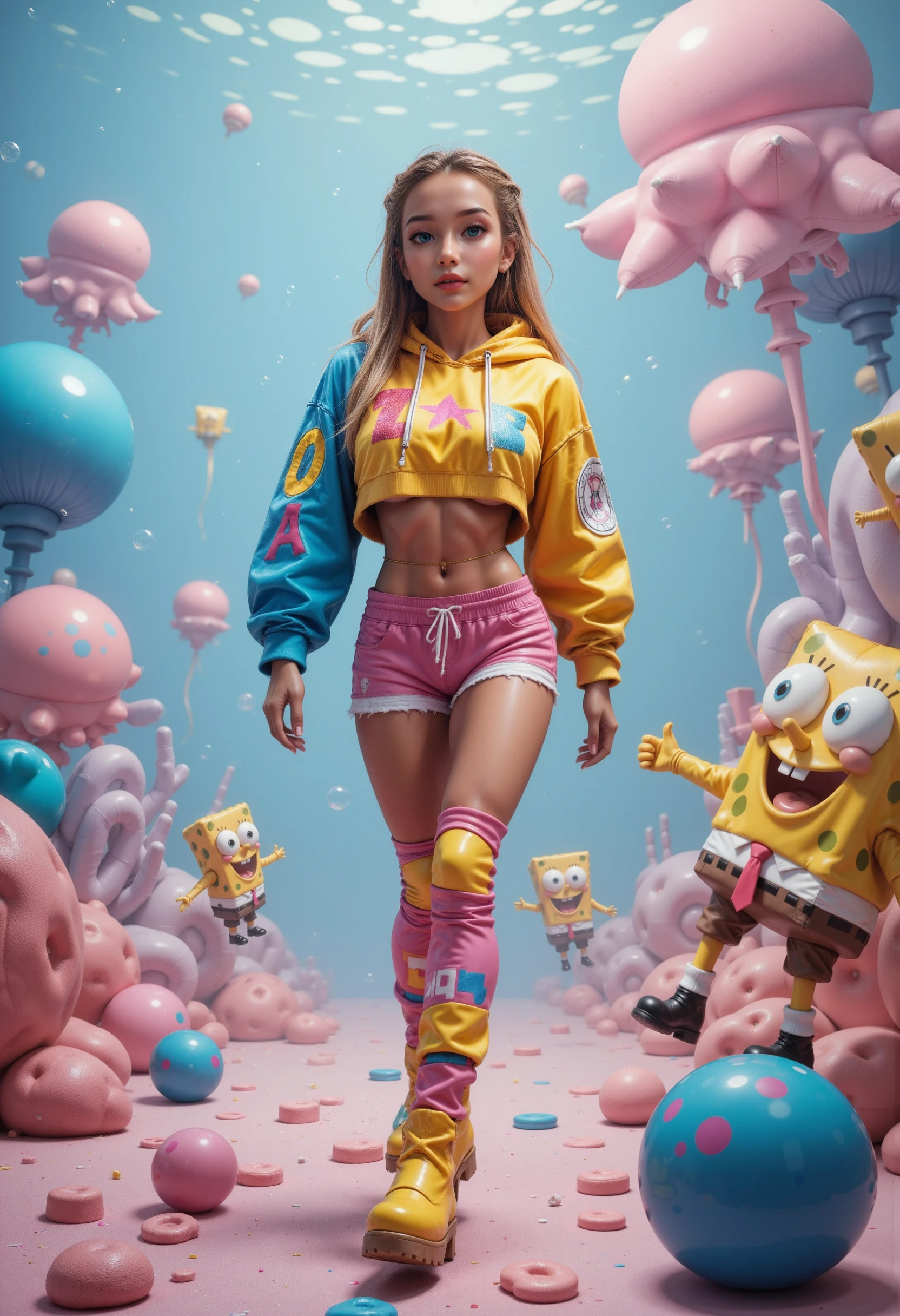 A highly detailed, photorealistic image of a sexy underboob adult model wearing a cropped hoodie featuring a vibrant SpongeBob and seastar design. The hoodie is playful and colorful,underboob, matching the model's eccentric yet fashionable style, paired with platform boots and oversized leg warmers for an edgier look. Her long braids, accessorized with beads, add to the quirky, cartoonish vibe.

The background is a surreal SpongeBob-inspired world, with inflatable jellyfish, oversized bubbles, and inflatable versions of iconic Bikini Bottom characters like SpongeBob, Patrick, and Gary. The ground is covered in soft, inflatable sponges that bounce as the model walks. Giant coral reefs and sea anemones inflate and deflate rhythmically, adding to the dreamy, underwater ambiance. The sky is a swirl of pastel blues and pinks, with glowing jellyfish floating lazily above. The entire scene feels like a trippy, larger-than-life version of SpongeBob's world, making the model look like she's stepped straight into an animated, inflatable wonderland.