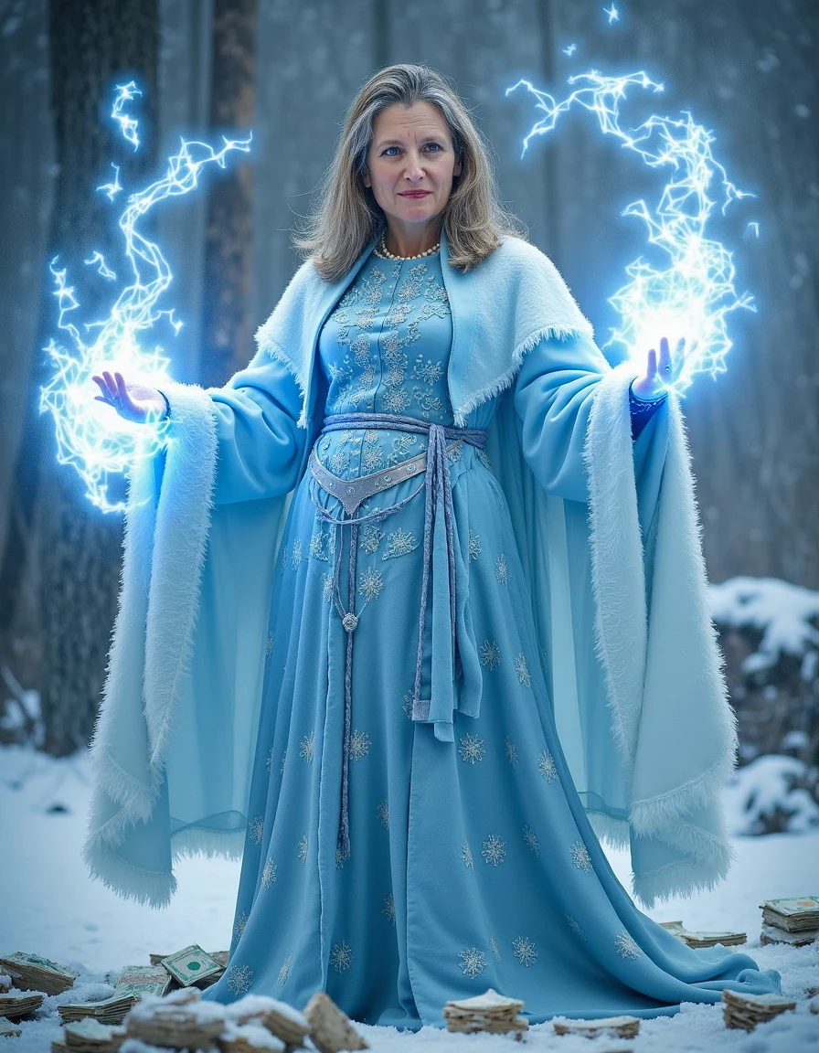 A realistic and powerful scene depicting Chrystia Freeland as a formidable ice mage. She stands tall in a flowing, icy-blue robe adorned with shimmering frost patterns. Her hands are raised, casting a freezing spell that sends tendrils of ice spiraling outwards, encasing stacks of cash and digital bank account symbols in thick layers of ice. Her expression is stern yet calm, with a cold determination in her eyes, as frosty mist swirls around her.
The background is a frozen wasteland littered with frozen assets and shattered piggy banks, emphasizing her control over the financial realm. Glowing runes float in the air, symbolizing frozen bank accounts. Despite the magical setting, her face remains realistic, down to the subtle details in her expression and the intricate textures in her icy outfit. Above her, in frosty letters, it says: "Cold Control Over Your Cash." The lighting highlights the icy glow of her spell, casting a chilling but mesmerizing ambiance across the scene.
<lora:Chrystia_Freeland:1>