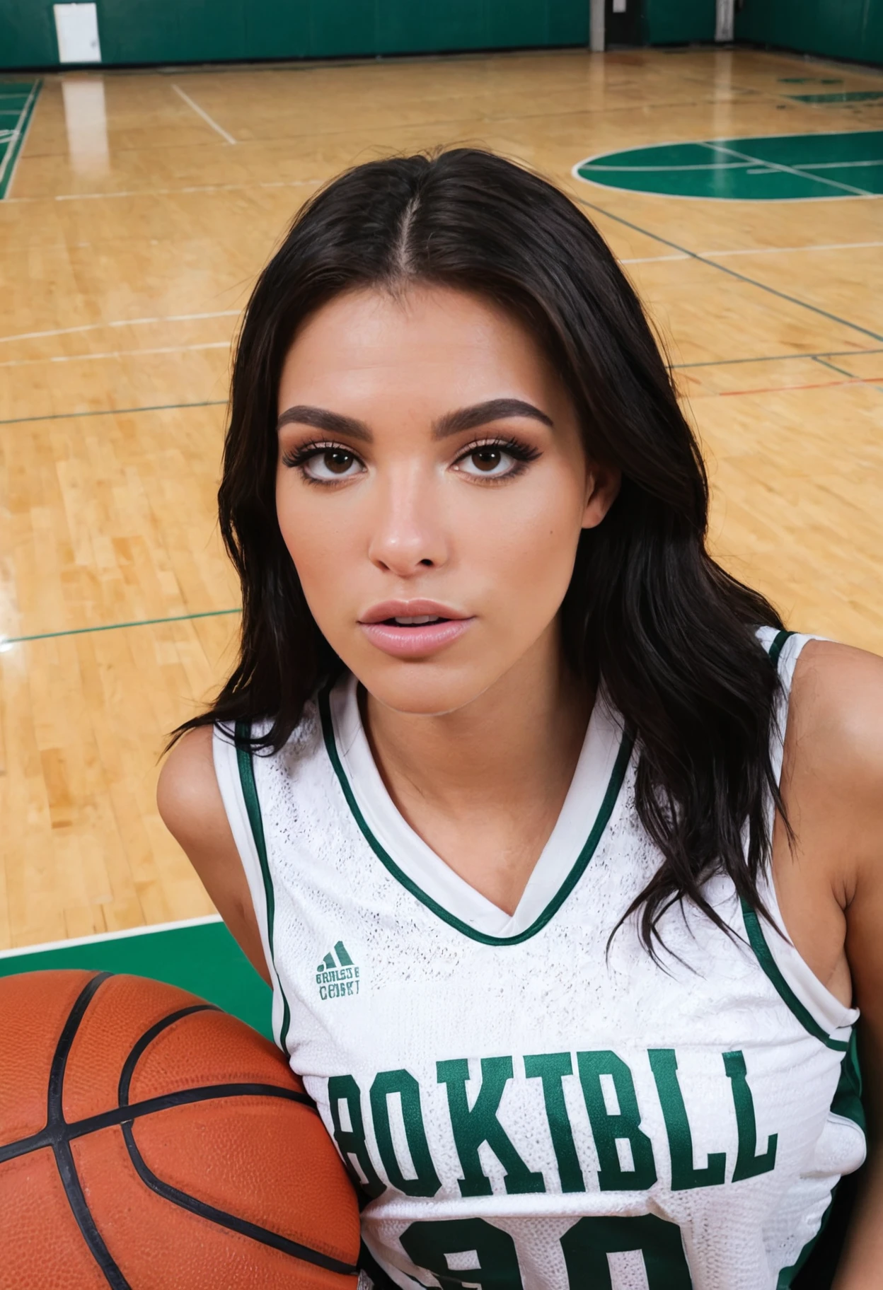 photo of a woman, face focus, m4d1s0n, light makeup, wearing a basketball jersey, at a basketball court, looking at camera,   <lora:Madison_Beer_2017_SDXL:.9>