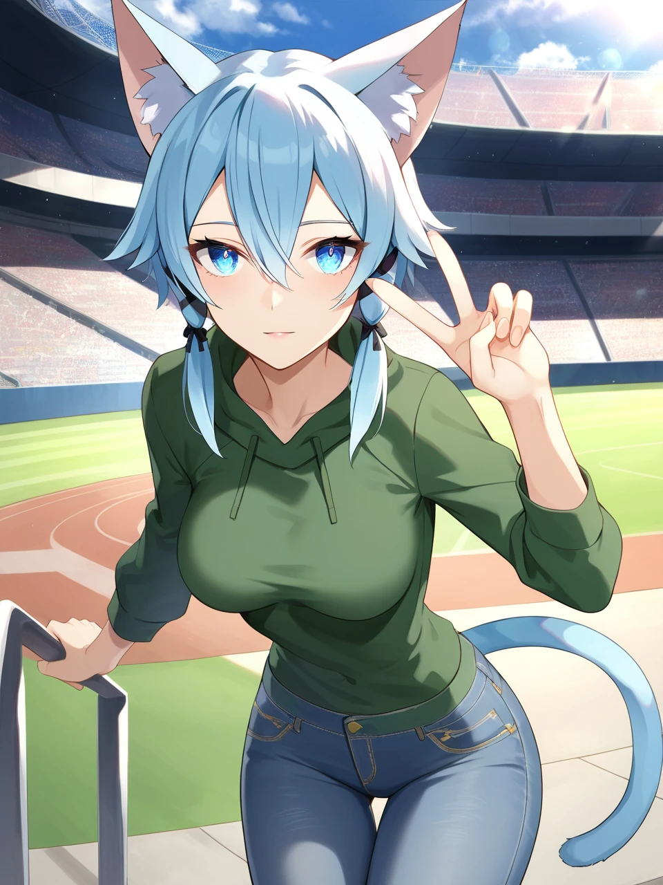 score_9, score_8_up,score_7_up, source_anime, expressiveh
sinon,  light blue hair, light_blue_eyes, hair between eyes, hair ornament, hair ribbon, short hair, cat ears, animal ear fluff, (cat tail:1.25)
medium breasts, fingernails,
balcony with a beautiful view, pullover,v, denim, jeans, arena, stadium
<lora:Expressive_H:0.3>   <lora:sinon neko 0.4:0.8>