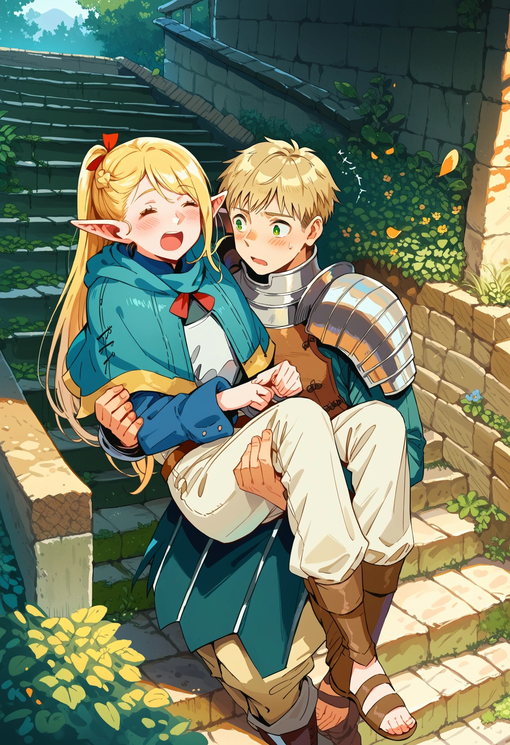 score_9,score_8_up,score_7_up,score_6_up, source_anime,
laios thorden, 1girl, armor, 1boy, marcille donato, elf, pointy ears, carrying, closed eyes, piggyback, stairs, sandals, long hair, open mouth, pants, green eyes, boots, plate armor, dungeon meshi, blue capelet, sword, shoulder armor, cover, blush, cover page, stone stairs, outdoors, hood, weapon, long sleeves, white pants, brown footwear, ponytail, pauldrons, day,
masterpeice, best quality, very aesthetic, absurdres
<lora:fantasy_superlora_v1:1>