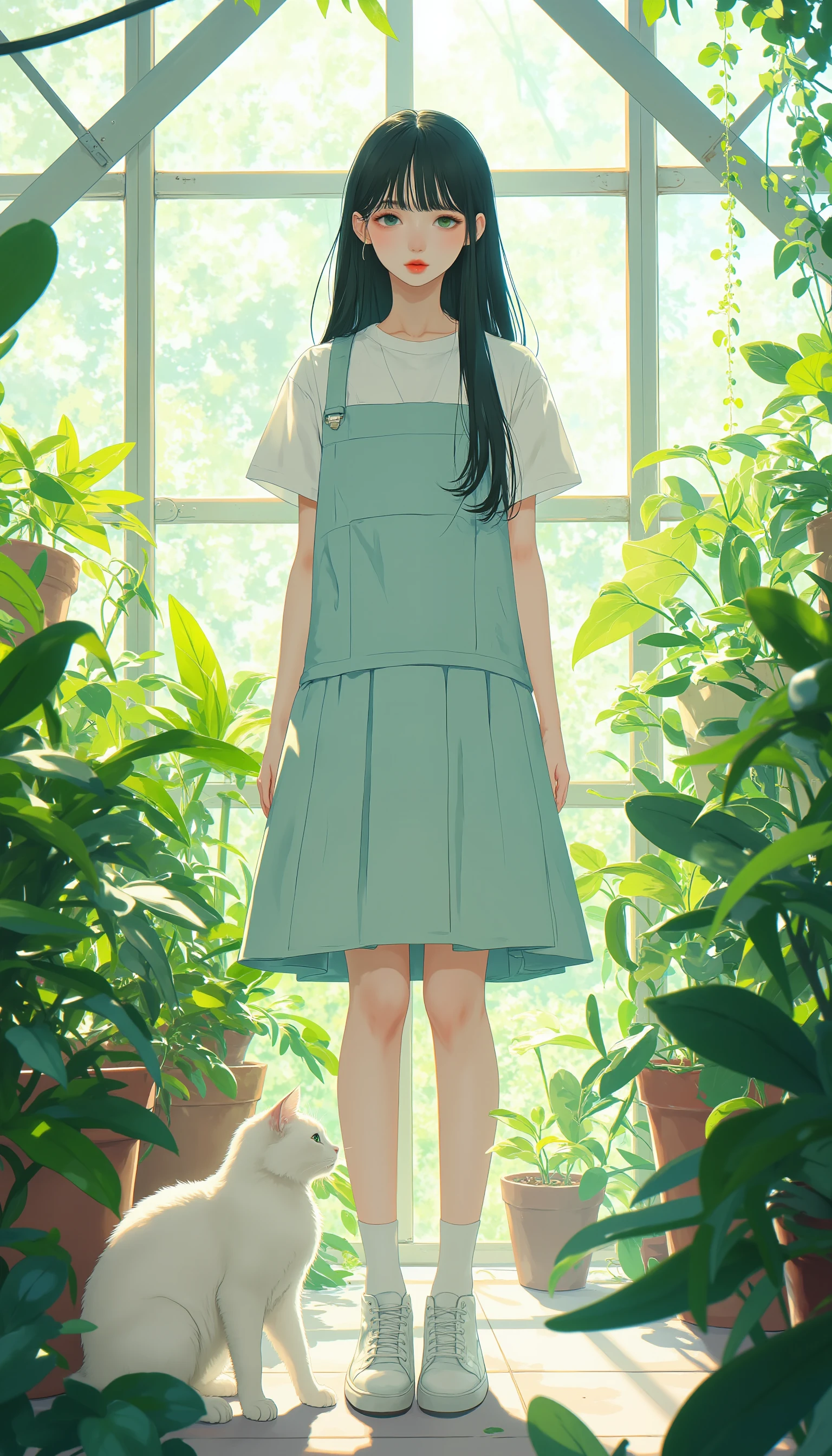 This is a fantasy-themed illustration with a minimalist approach. The focus is on a Japanese girl with a cute and innocent "kawaii" aesthetic, presented with a simple and clean design. The artwork emphasizes subtle colors, clean lines, smooth curves, and sleek contours, with bold outlines and crisp, sharp edges. The overall composition is uncluttered and refined, reflecting a fashion editorial style that is stylish, professional, and elegant, with an emphasis on simplicity and restraint rather than vibrant colors. Striking illustration work of a pretty girl and a young cat meeting for the first time in a greenhouse. The illustration is fantastically styled, capturing the expression of the girl's fascination with the cat's mysteriousness. The plants in the greenhouse are overflowing with a green glow, giving the impression of their meeting. <lora:Midjourney_Whisper_Minimal:1>,