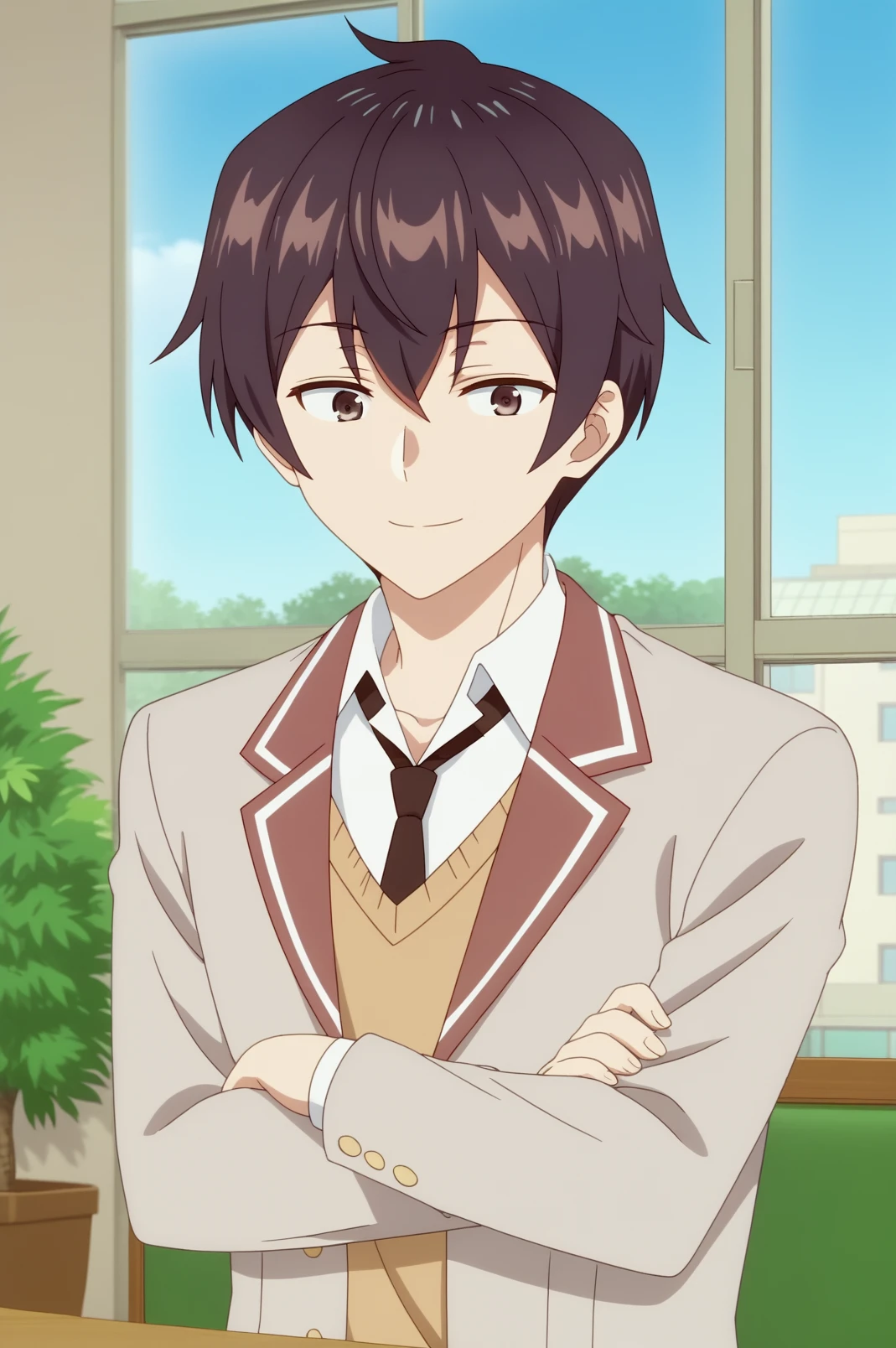 masachika kuze,anime screencap,male focus,solo,mature,short hair,school uniform,black hair,hair between eyes,light smile,indoors,school uniform,necktie,white shirt,classroom,windows,sky,plant,crossed arms <lora:Masachika_Kuze - PDXL2.safetensors:0.8> <lora:detailed_backgrounds_v2:0.8>