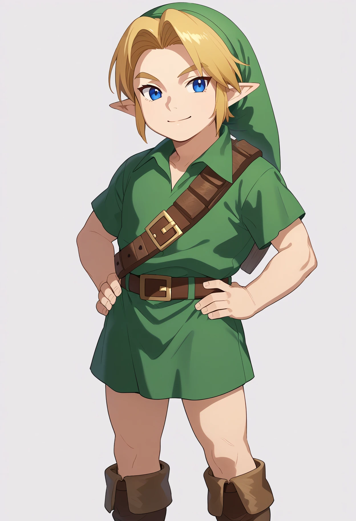 score_9, score_8_up, score_7_up, BREAK,
1boy, younglink, link, blonde hair, blue eyes, hat, pointy ears, green tunic, belt, boots,
hands on hips, solo, standing,
looking at viewer, smile, simple background, white background <lora:YoungLinkXL:1>