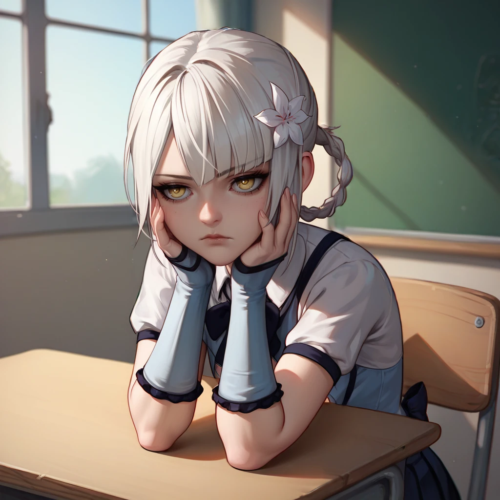 1girl,solo,<lora:epoch-000015:1>,nier-kaine,white hair,single hair ring,asymmetrical hair,hair flower,yellow eyes, school uniform, 
indoors, classroom, school desk, window, 
from side, sitting on desk, leaning forward, hands up, hands on own cheeks, bored, looking forward,, score_9, score_8_up, score_7_up, perfect anatomy, source_anime, zPDXL2,