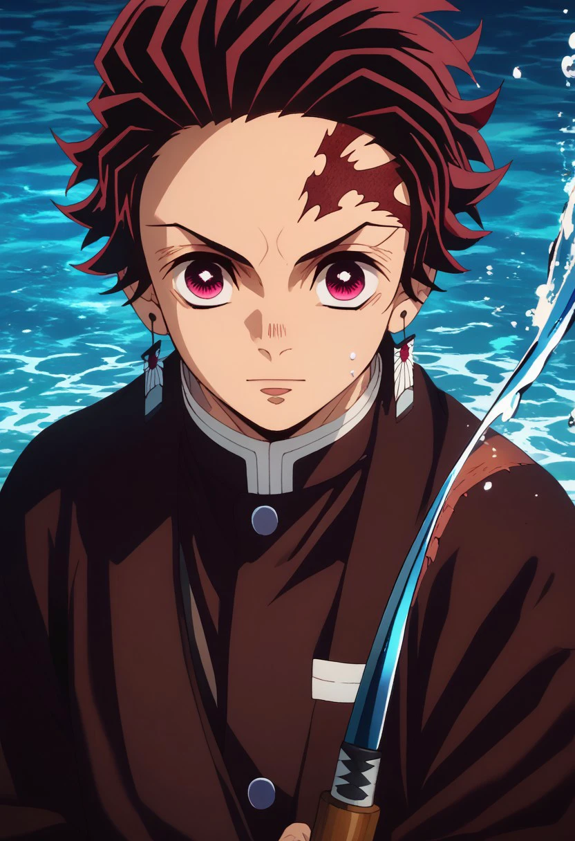 score_9, score_8_up, score_7_up, source_anime, rating_safe, kamado tanjirou, red_Tanjiro_hair, red-white_Tanjiro_eyes, white-red_Tanjiro_earrings, red_Tanjo_scar on forehead, 1boy, male focus, anime screencap, holding sword, stylized_Tanjiro_water,