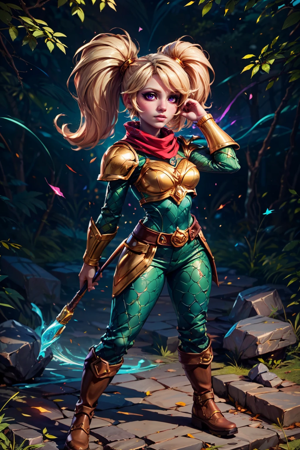 (ultra realistic,32k, masterpiece:1.2),(high detailed skin:1.1),( high quality:1.1), BREAK,   <lora:Poppy_Leagueoflegends_v2:0.7>,  zzPoppy, yordle, shortstack, purple eyes, blonde hair, twintails, blue skin, golden armor, red scarf, green snakeskin shirt, green snakeskin pants, brown boots, confident stance, energetic pose, standing strong in a vibrant battlefield, magical aura, glowing lights, ethereal atmosphere,  BREAK,  blooming stars, luminescent petals, otherworldly fragrance blurry background, (looking at viewer, standing:1.1), huge breast, large breast, <lora:add_detail:0.92>, (glowwave:1.1),