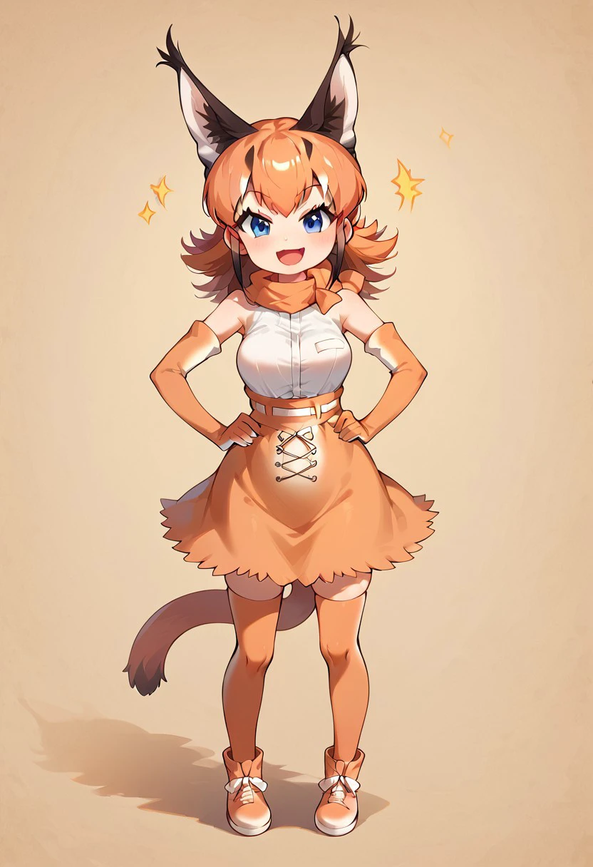 1girl, ((solo)), best quality, ultra-detailed, extremely detailed, perfect anatomy, masterpiece, score_9, score_8_up, score_7_up, caracal (kemono friends), animal ears, animal ear fluff, orange hair, tail, blue eyes, long hair, multicolored hair, white shirt, sleeveless shirt, orange skirt, skirt, orange bowtie, elbow gloves, bare shoulders, thighhighs, shoes, standing, hands on hips, open mouth smile, cute look, confident look, looking at viewer, happy, African savanna background, posing, full body,