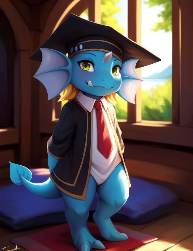 <lora:QinusAxiaYif:1> QinusAxia, blue skin, green eyes, red tie, tail, fangs, hat, cloth, black robe, white shirt,  ,  Chibi, 
Looks at the viewer, ((dance))
[River, lake, grass, trees, day, sky with clouds, ]
(beautiful, aesthetic, perfect, delicate, intricate, saturated colors), masterpiece, digital drawing, best quality,
[by dagasi|ancesra:0.6], [by foxovh|personalami:0.5], [by einshelm|tom_fischbach],