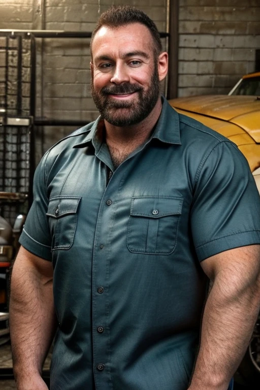 (not furry), promotional photo of smiling fat bradkalv wearing  mechanic_uniform, american romanticism, at garage,  Canon EOS-1D X Mark III <lora:bradkalv:.9>