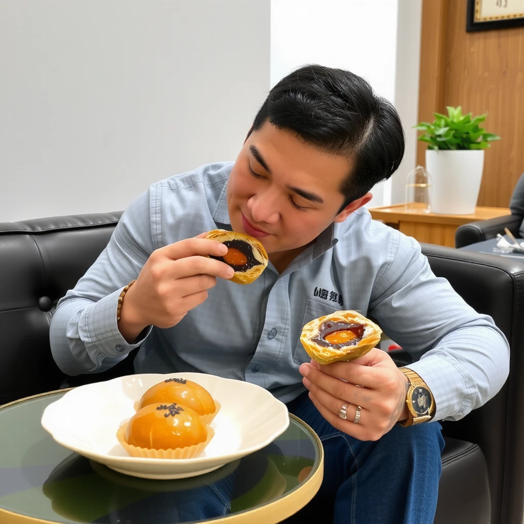 Full body shot of a man enjoying a Taiwanese egg yolk pastry (dan huang su) in a casual setting. The man, in his mid-30s with short black hair, is seated comfortably on a modern sofa or armchair. He's dressed in smart casual attire - perhaps a light blue button-down shirt and dark jeans.
He's leaning slightly forward, focused on the pastry in his hand. The dan huang su is partially eaten, revealing its golden-brown exterior and the dark filling with a hint of yellow egg yolk. His expression is one of enjoyment, eyes slightly closed as he takes a bite.
On a small coffee table in front of him, there's a plate with a few more pastries and a cup of tea, suggesting a relaxed afternoon snack. The room has a contemporary Asian feel, with minimalist decor and perhaps a potted plant or calligraphy art visible in the background.
Natural light streams in from a nearby window, highlighting the pastry and casting a warm glow on the scene. The overall image captures a moment of simple pleasure, showcasing both the appealing food and the relaxed atmosphere