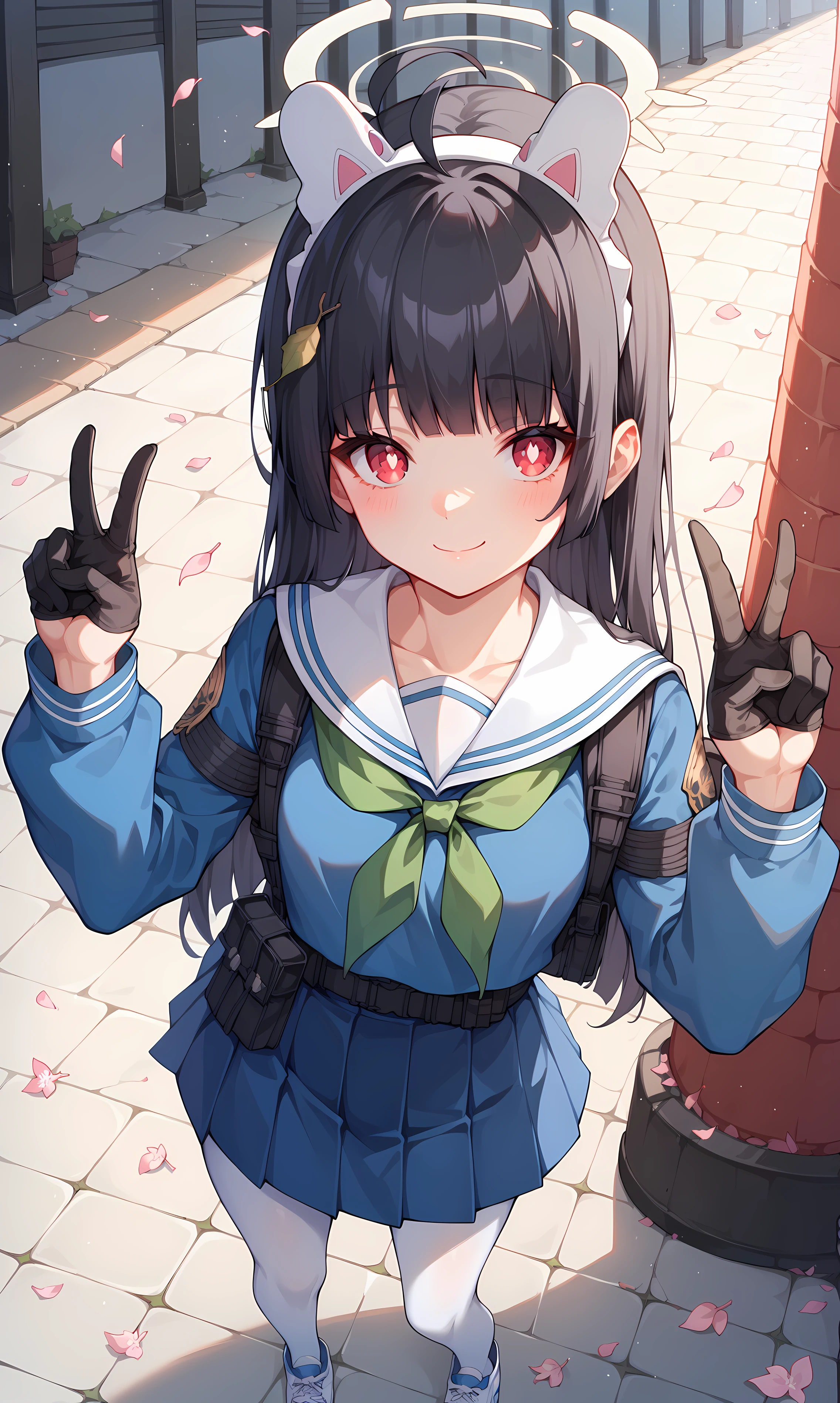 score_9, score_8_up, score_7_up, BREAK source_anime, 1girl, solo, outdoors, street, cherry blossoms, cowboy shot, standing, looking at viewer, miyu, red eyes, black hair, long hair, blunt bangs, ahoge, leaf on head, fake animal ears, halo, white pupils, blue uniform, blue shirt, long sleeves, black gloves, white serafuku, green neckerchief, blue skirt, pleated skirt, white pantyhose, white sneakers, smile, closed mouth, from above, double v