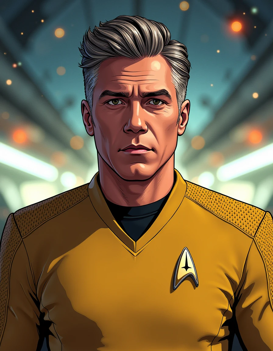 breathtaking  <lora:pike-flux:0.5>  captain, , christopher, pike, star, trek, strange, new, worlds, man  4K resolution, Starfleet uniform yellow tshirt uniform, confident gaze, futuristic background, space-themed imagery, Indie game art, Vector Art, Borderlands style, Arcane style, Cartoon style, Line art, Disctinct features, Hand drawn, Technical illustration, Graphic design, Vector graphics, High contrast, Precision artwork, Linear compositions, Scalable artwork, Digital art, cinematic sensual, Sharp focus, humorous illustration, big depth of field, Masterpiece, trending on artstation, Vivid colors, trending on ArtStation, trending on CGSociety, Intricate, Low Detail, dramatic