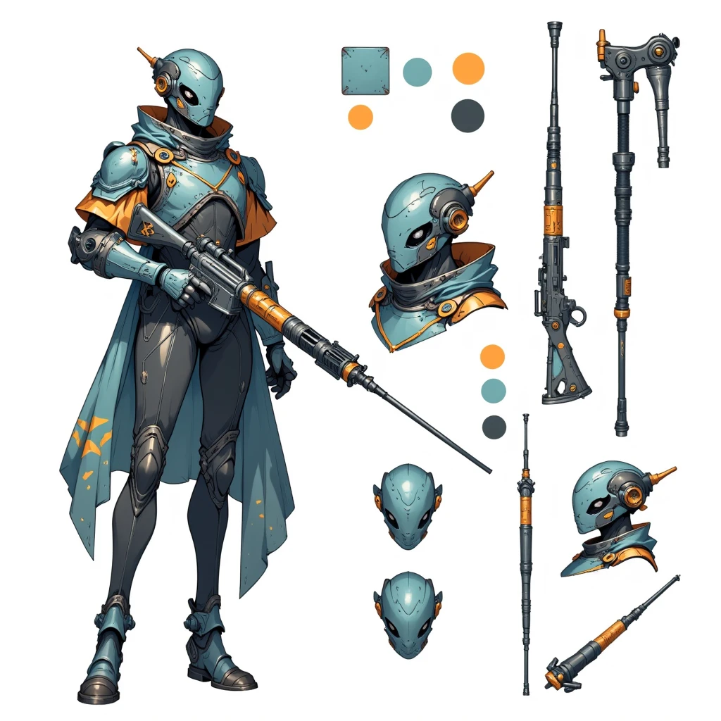 CharacterDesignFLUX,reference sheet,white background,simple background,multiple views, upper body, front, from side, color palette reference, high_detailed, captured in high detail, Android with a laser rifle, mechanical parts, mechanical helmet, multiple clothing ornaments, military clothing, magic particles, multiple references