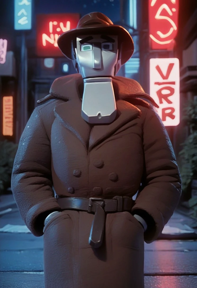 score_9_up, score_8_up, score_7_up, score_6_up, dick_spanner, 1boy, solo, robot, brown fedora, brown trench coat, belt, hands in pockets, on a city street, night, neon signs, (painted art)