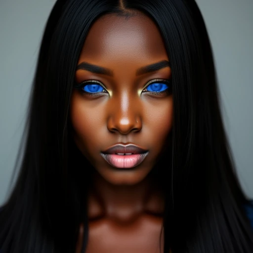 Photographic portrait of a beautiful african woman with tinted blue eyes, blue sclera, long straight black hair.