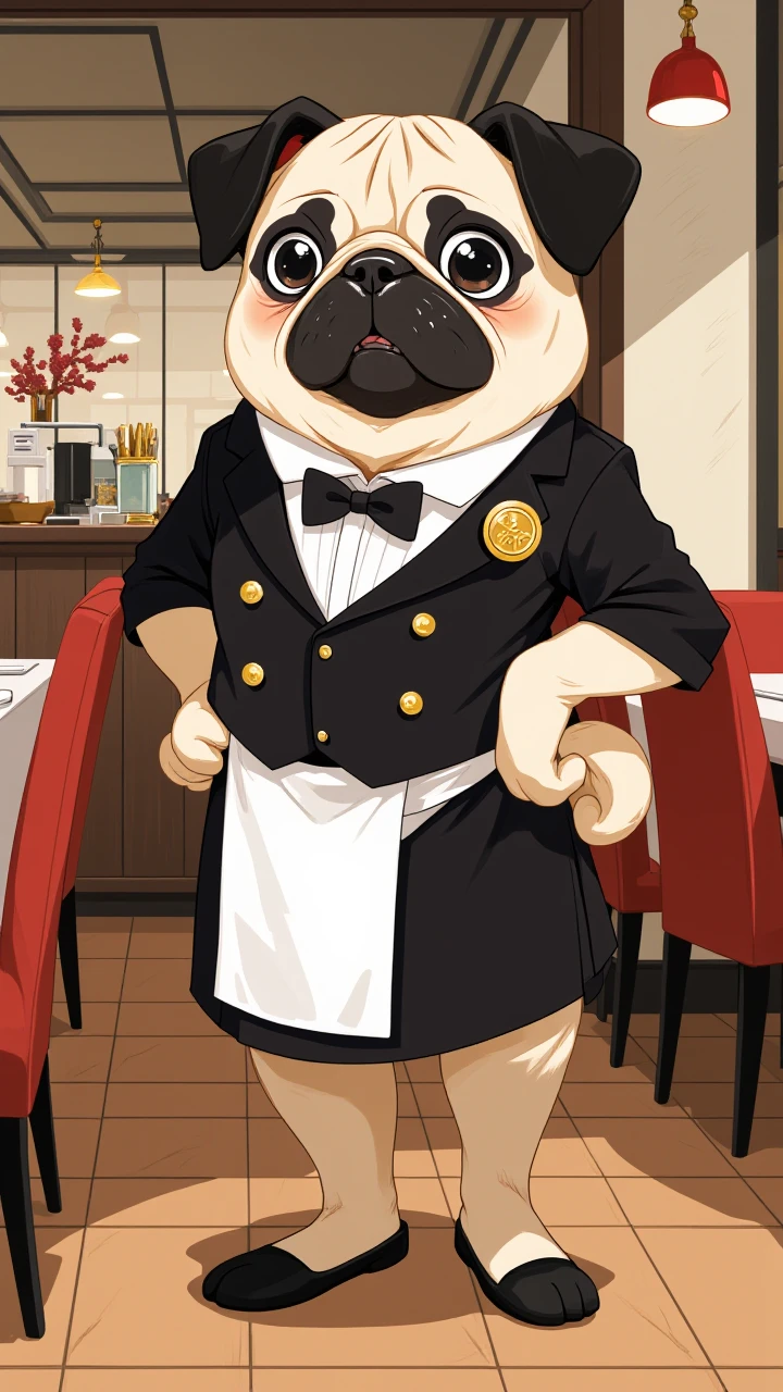 flat 2d anime illustration, pug dog as a waiter in a restaurant, dressed in fancy clothing