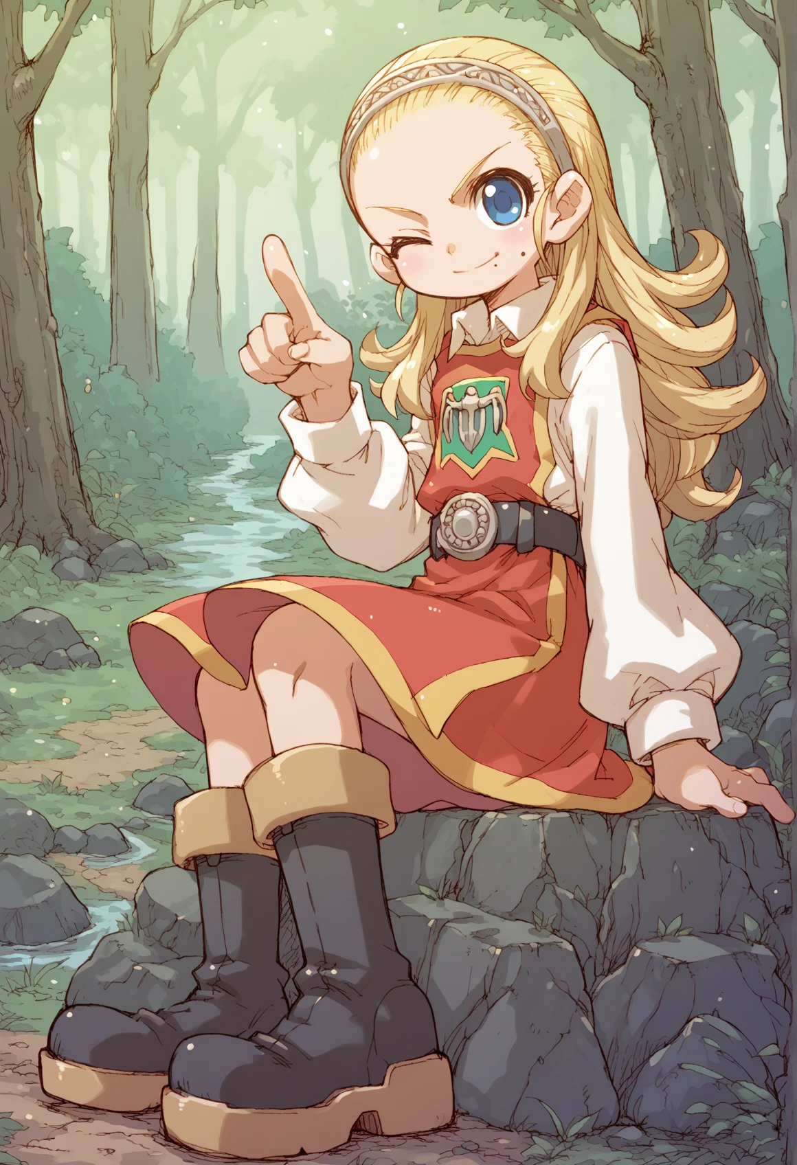 1girl, long hair, blonde hair, blue eyes, hairband, forehead, mole, mole under mouth, tabard, shirt, long sleeves, skirt, boots, belt, boots, sitting, rock, wink, pointing at viewer, forest   <lora:Anlucia_DQX:1> <lora:nakayama_tooru_XL:1>, score_9, score_8_up, score_7_up, score_6_up, score_5_up, score_4_up, BREAK source_anime, masterpiece