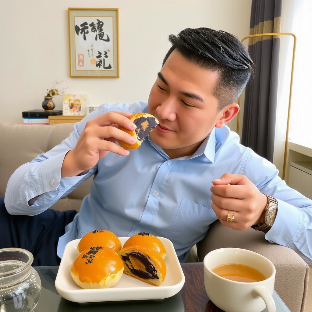 Full body shot of a man enjoying a Taiwanese egg yolk pastry (dan huang su) in a casual setting. The man, in his mid-30s with short black hair, is seated comfortably on a modern sofa or armchair. He's dressed in smart casual attire - perhaps a light blue button-down shirt and dark jeans.
He's leaning slightly forward, focused on the pastry in his hand. The dan huang su is partially eaten, revealing its golden-brown exterior and the dark filling with a hint of yellow egg yolk. His expression is one of enjoyment, eyes slightly closed as he takes a bite.
On a small coffee table in front of him, there's a plate with a few more pastries and a cup of tea, suggesting a relaxed afternoon snack. The room has a contemporary Asian feel, with minimalist decor and perhaps a potted plant or calligraphy art visible in the background.
Natural light streams in from a nearby window, highlighting the pastry and casting a warm glow on the scene. The overall image captures a moment of simple pleasure, showcasing both the appealing food and the relaxed atmosphere