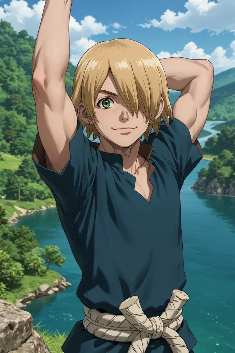 masterpiece, best quality, high quality, 1boy, solo, male focus, looking at viewer, view from front, upper body, lemiel_silvamillion_clover, blue eyes, blonde hair, upper body, slim body, (shirtless, topless, bare chest), smile, shower, river