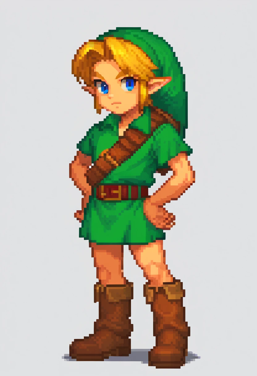 score_9, score_8_up, score_7_up, pixel, pixel art, BREAK,
1boy, younglink, link, blonde hair, blue eyes, hat, pointy ears, green tunic, belt, boots, 
hands on hips, solo, standing,
simple background, white background <lora:YoungLinkXL:1> <lora:pixelbuildings128-v2:1>