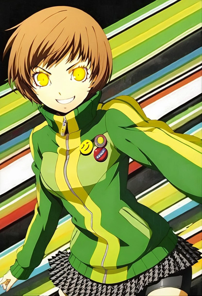 Satonaka Chie, 1girl, solo, short hair, skirt, brown hair, yellow eyes, glowing eyes,  jacket, pleated skirt, bike shorts, track jacket, green jacket, badge, zipper, button badge, shadow chie, evil smile