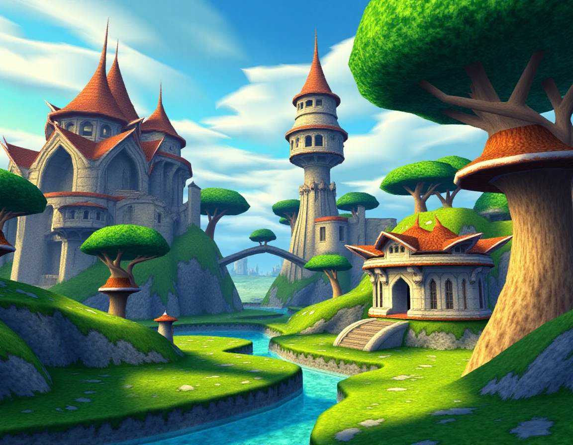 A Spyyyrouuu style world, the name of this world is: Fairywood Forest, scenery, outdoors, unique color sky, hills, architecture, trees, <lora:Spyro Worlds Flux_epoch_5:2.8>