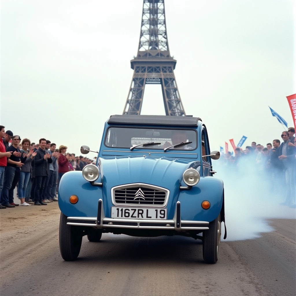 2CV, a deep blue car is drifting in front of the eiffel tower. It's leaving Skid marks and smoke. A crowd is cheering  <lora:2CV:0.8>