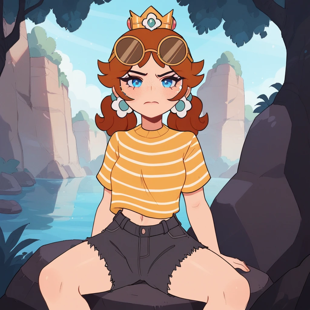 score_8_up, BREAK, PrincessDaisy, 1girl, solo, brown hair, twintails, blue eyes, crown, earrings, eyewear on head, looking at viewer, striped shirt, shorts, sitting on rock, outdoors,  <lora:PrincessDaisy_cremanata_PXL_Leaf1:0.8>, closed mouth,