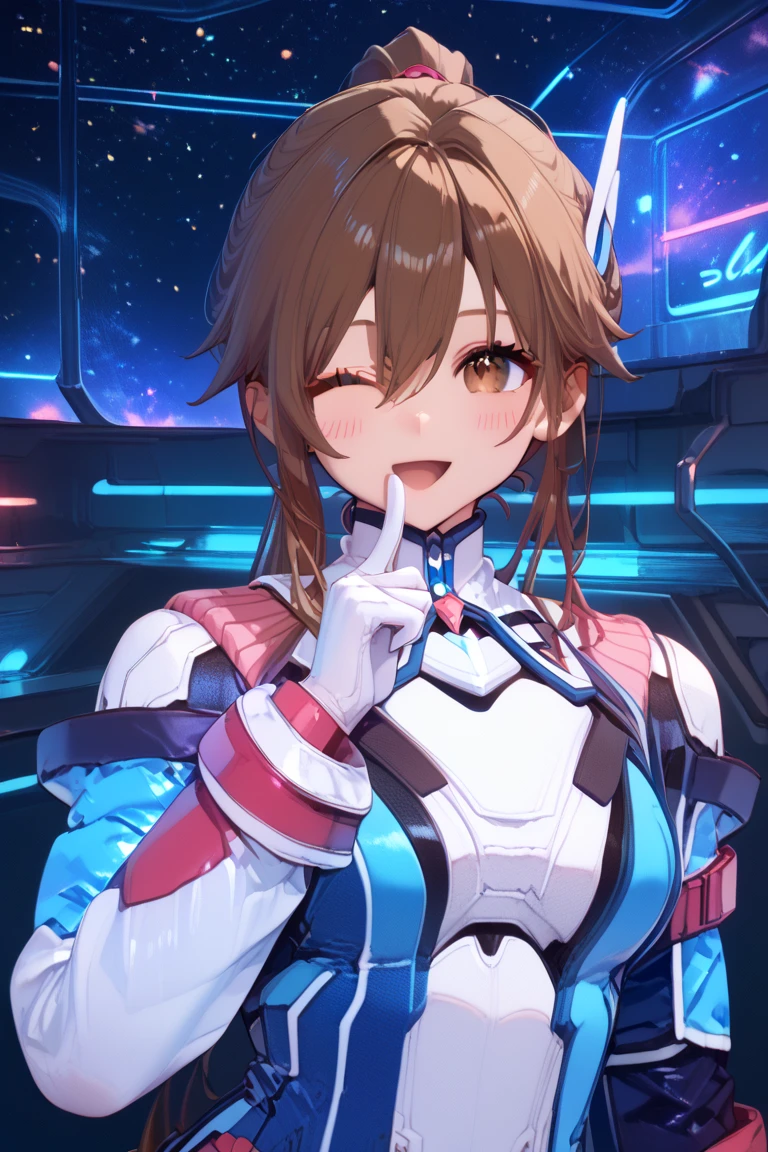 score_9, score_8_up, score_7_up, source_anime, detailed,
BREAK,
space, sci-fi environments,
BREAK,
cowboy shot,   upper body, face close up,
finger up,
BREAK,
medium breasts,
blush, wink, open smile,
BREAK,
<lora:reimiRE_autismConfetti_v01:1>
reimibase, brown hair, brown eyes, high ponytail, long hair, bangs, sidelocks, hair between eyes, white gloves, asymmetrical gloves,long sleeves,
BREAK,, zPDXL