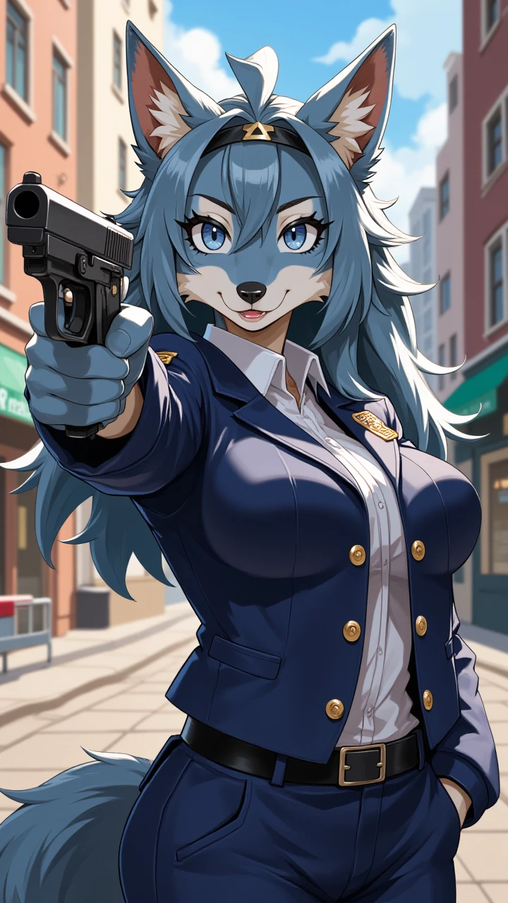 flat 2d anime illustration, wolf girl dressed as a police officer holding a gun aimed at the viewer, city street background