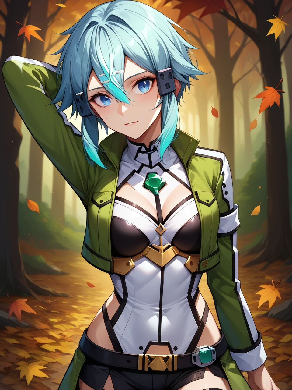 score_9, score_8_up,score_7_up, source_anime, expressiveh
sinon, light blue hair, light_blue_eyes, hair between eyes, hair ornament, hair ribbon, short hair,, thigh strap, green thighhighs
medium breasts, fingernails,front view,
(cropped jacket:1.2), green jacket,black shorts, standing, waving, white leotard, 
A peaceful autumn forest path covered in fallen leaves,, hand behind head
<lora:Expressive_H:0.2>  <lora:sinon normal 0.6 ext:0.8>