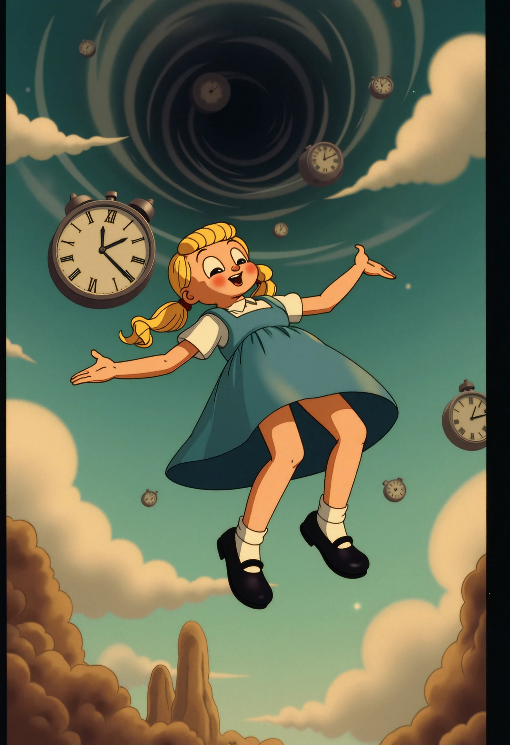 A surreal 35mm analog photo of an adorable girl with blonde pigtails wearing a blue dress and black shoes is falling. In the background there are swirling vortex' and disfigured clocks passing by