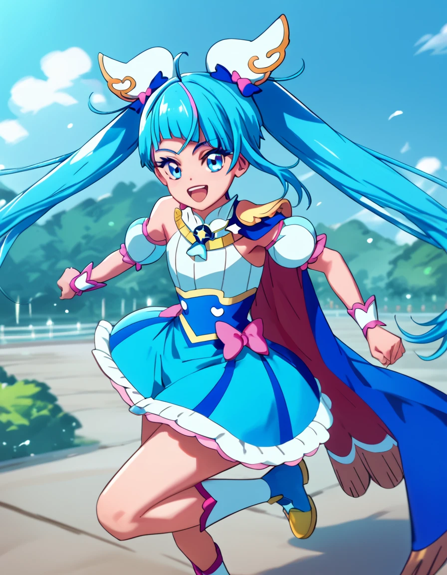 CureSky, long hair, bangs, blue eyes, twintails, blue hair, ahoge, magical girl,  <lora:SoaringSkyPrettyCure:1>, score_9, score_8_up, score_7_up, score_6_up, score_5_up, score_4_up, source_anime,  , dynamic pose, outside, happy