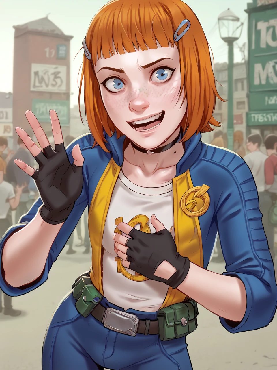 score_9, score_8_up, score_7_up,  score_6_up, BREAK, Vaultgirl, short hair, blue eyes, orange hair, hair ornament, hairclip, fingerless gloves, freckles, raise right hand, waving, looking at viewer  <lora:Vaultgirl:1>