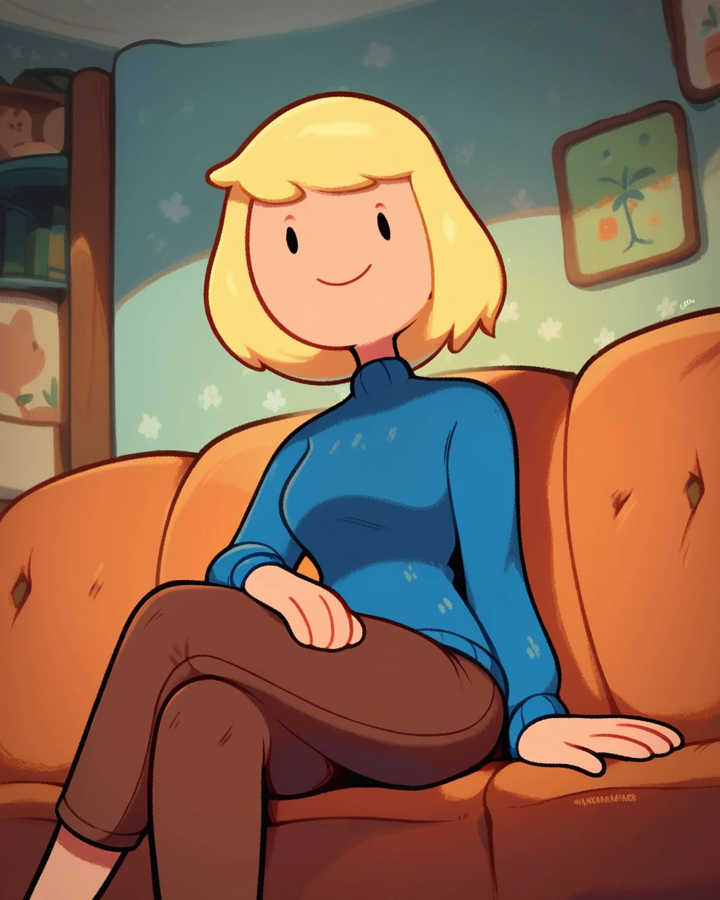 score_9, score_8_up, score_7_up, 1girl, solo, Minerva, blonde hair, medium hair, dot eyes, blue sweater, smile, pants, looking at viewer, crossed legs, hands on leg, smile, dynamic angle, detailed background, indoors, sofa, <lora:Minerva_PDXL:0.9>