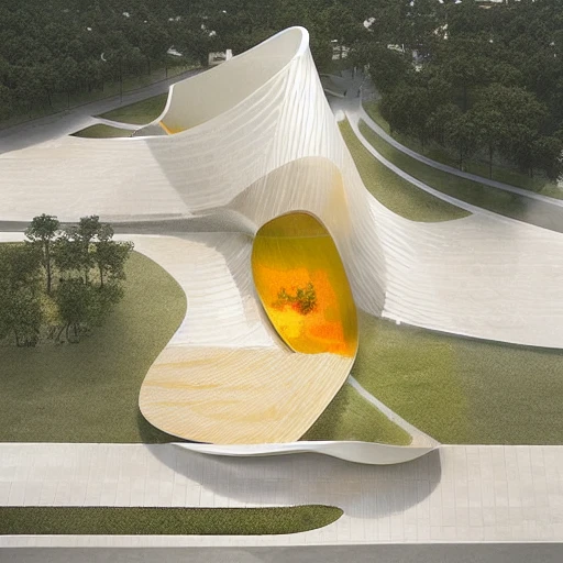 modern architecture,shaped like orange peels,repeating shapes,subtractive segments,aligned curvature,contiguous placement,open edges,circular segments,<lora:Archinspire-000008:1>,